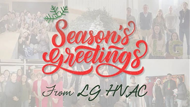 A 2022 Season's Greetings poster from LG HVAC features bold, red calligraphy-style text at the center, accented by a line of green text below.